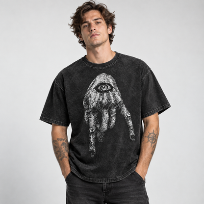 Mystic Eye Hand Graphic Washed T-Shirt Vintage Occult Art Unisex Tee