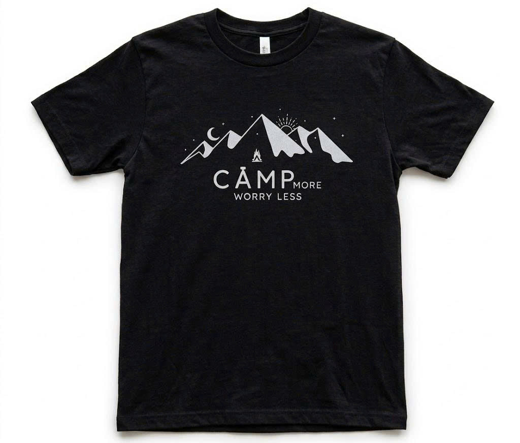 Camp More, Worry Less" Retro T-Shirt – Minimalist Mountain and Camping Graphic Tee