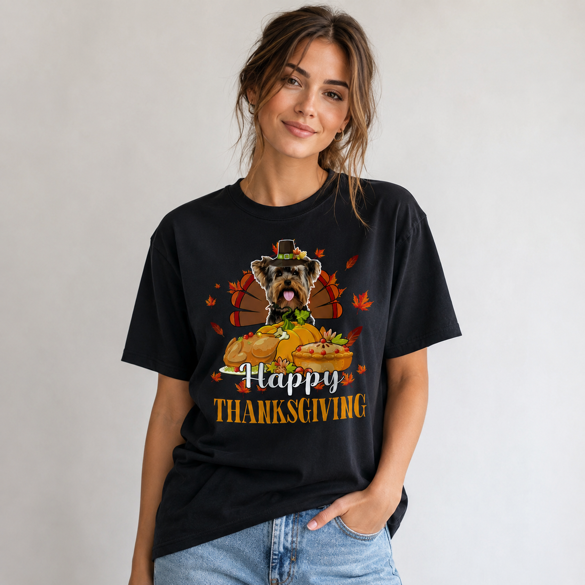 Yorkie Thanksgiving Dog Lovers Festive Graphic Tee 100% Cotton Size S-5XL