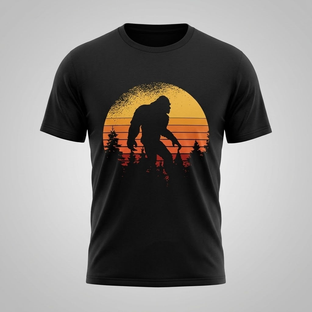 Bigfoot Sasquatch Men Retro Sunset Graphic T-Shirt Vintage Cotton Tee S-5XL