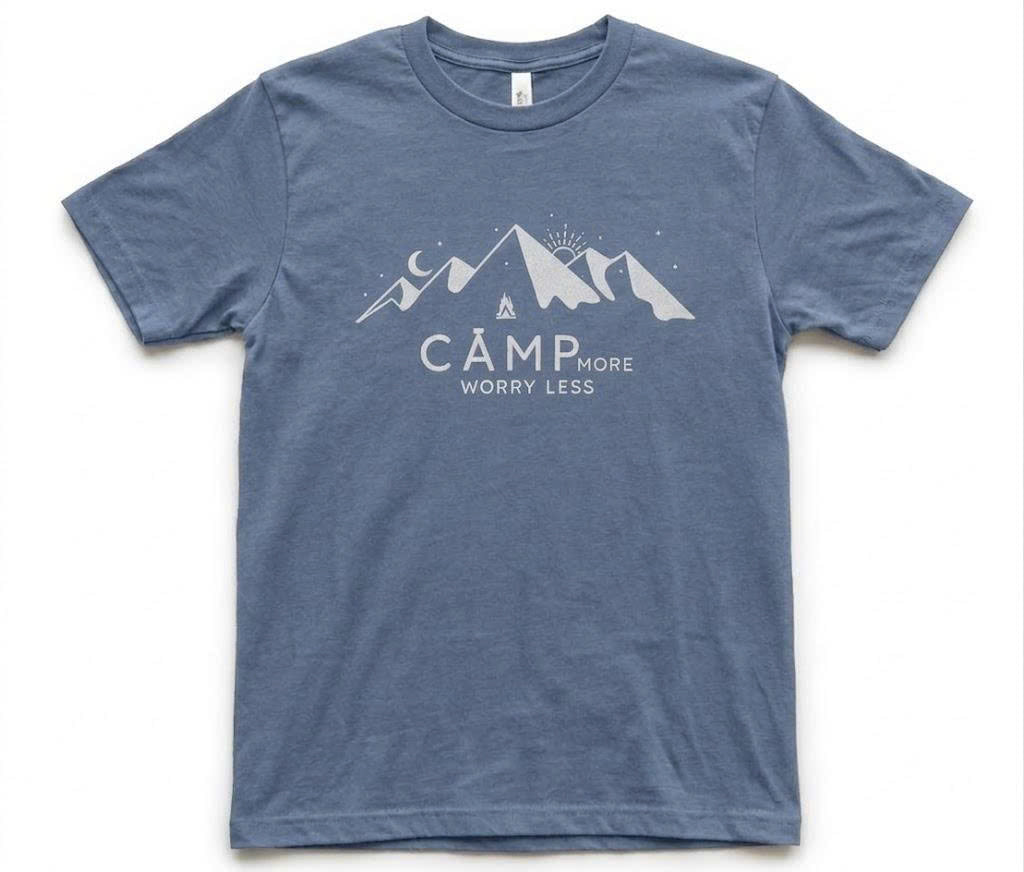 Camp More, Worry Less" Retro T-Shirt – Minimalist Mountain and Camping Graphic Tee