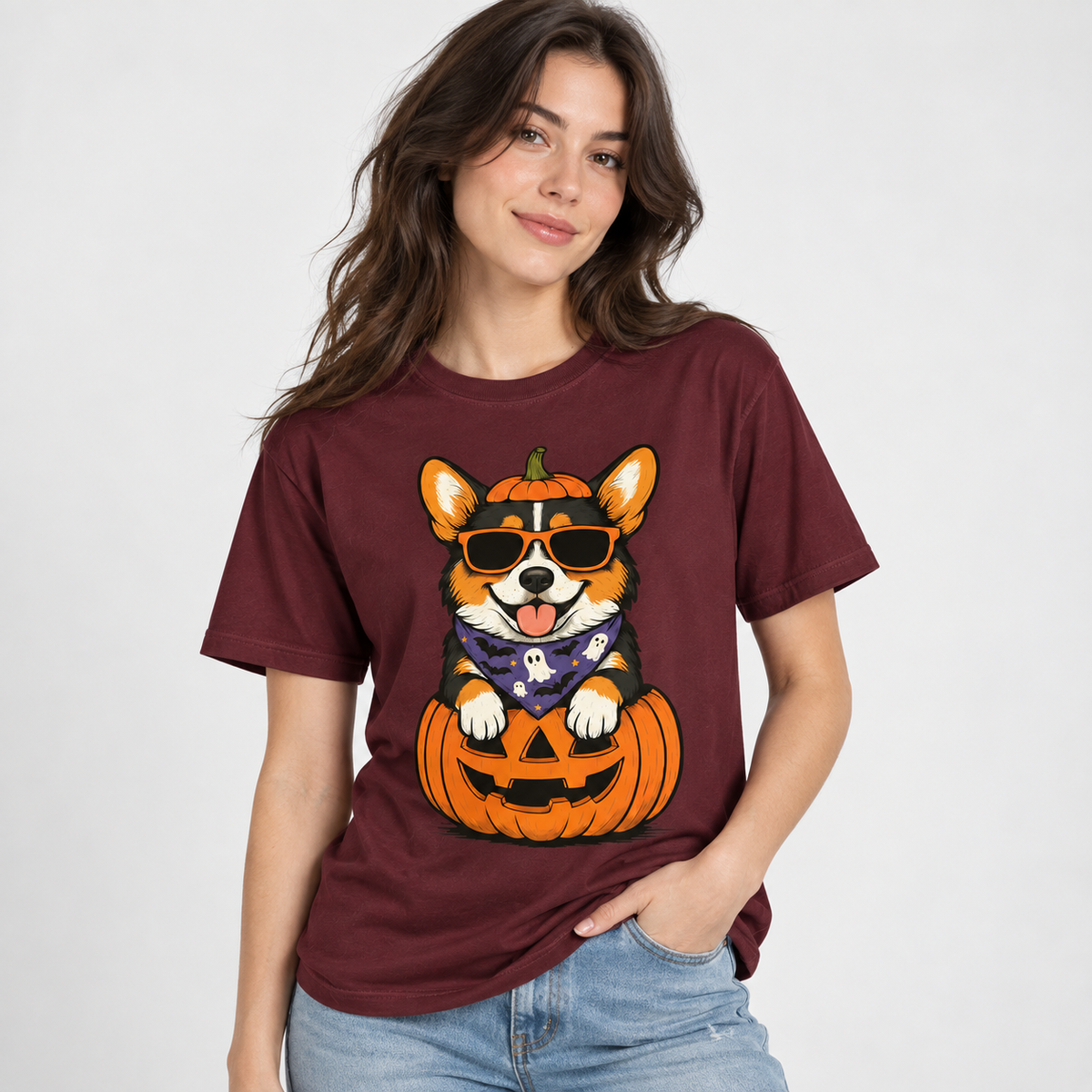 Halloween Corgi Pumpkin Graphic T-Shirt Cute Spooky Dog Lover Tee