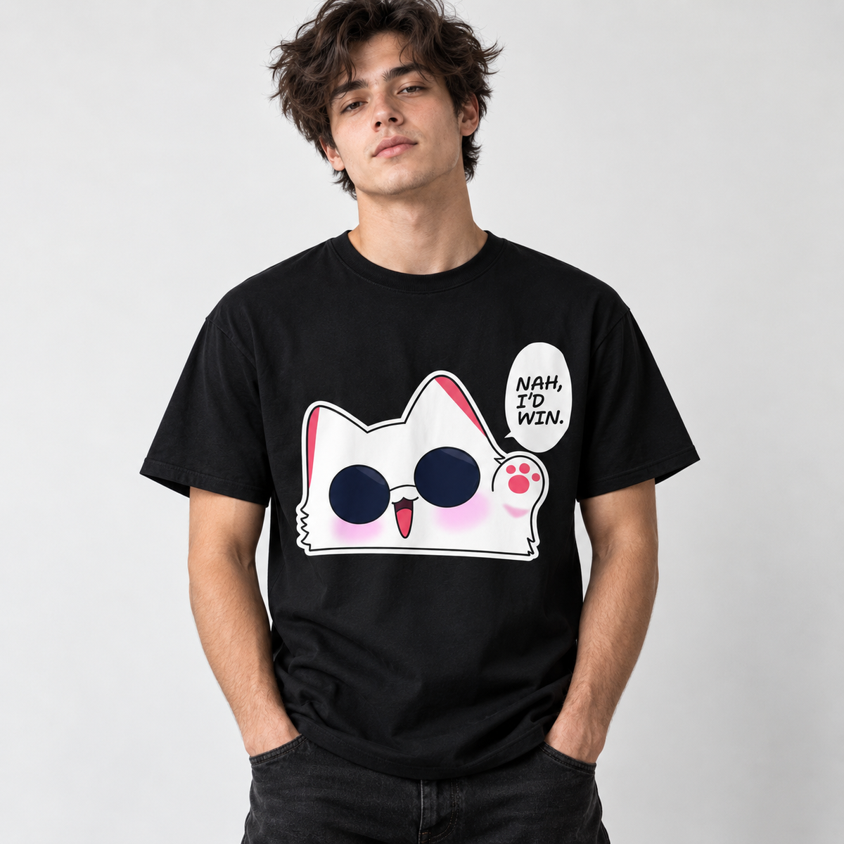 Cute White Cat Sunglasses Graphic T-Shirt Funny Cat Lover Tee Unisex Cotton