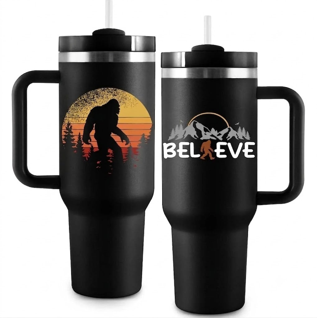 Bigfoot Believe Insulated Travel Tumbler 40oz with Handle and Straw – Sasquatch Gift