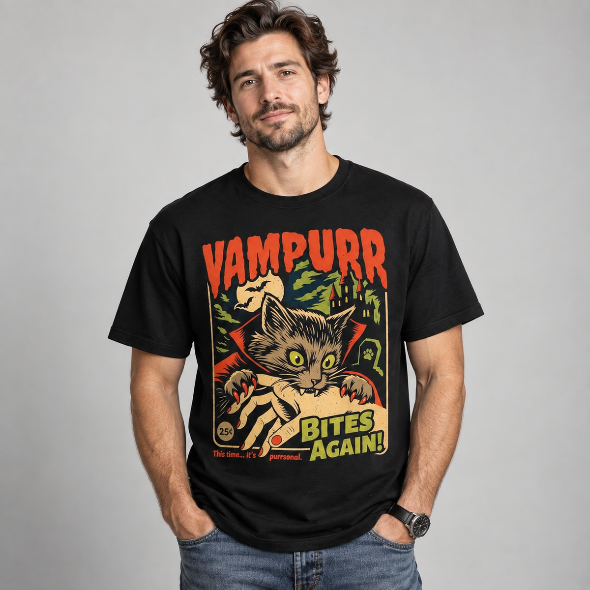 Vampire Cat Halloween Graphic T-Shirt, Retro Horror Pet Lover Tee