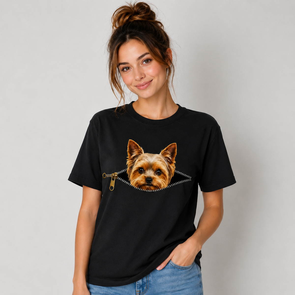Yorkie Dog Lover T-Shirt Peekaboo Zipper Graphic Tee 100% Cotton Unisex Size S-5XL
