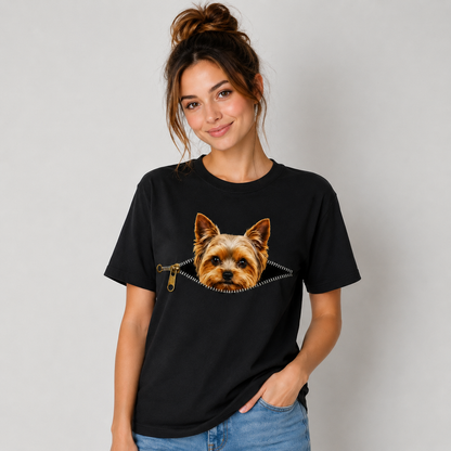 Yorkie Dog Lover T-Shirt Peekaboo Zipper Graphic Tee 100% Cotton Unisex Size S-5XL