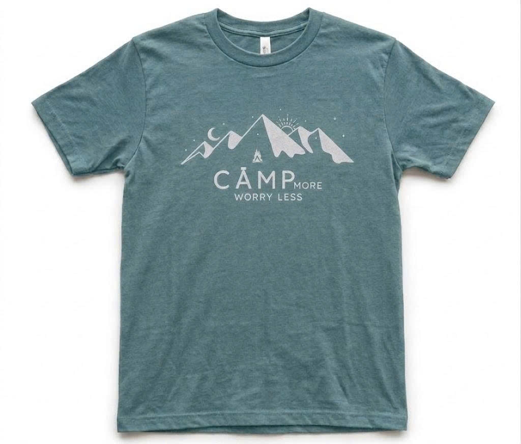 Camp More, Worry Less" Retro T-Shirt – Minimalist Mountain and Camping Graphic Tee