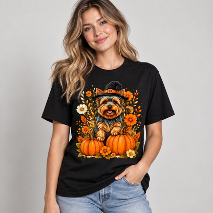 Halloween Yorkie Dog Pumpkin Graphic T-Shirt, Fall Pet Lover Gift Tee