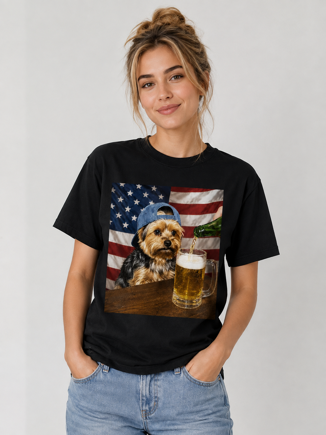 Yorkie Dog Lover Patriotic Graphic Tee USA Style 100% Cotton Size S-5XL