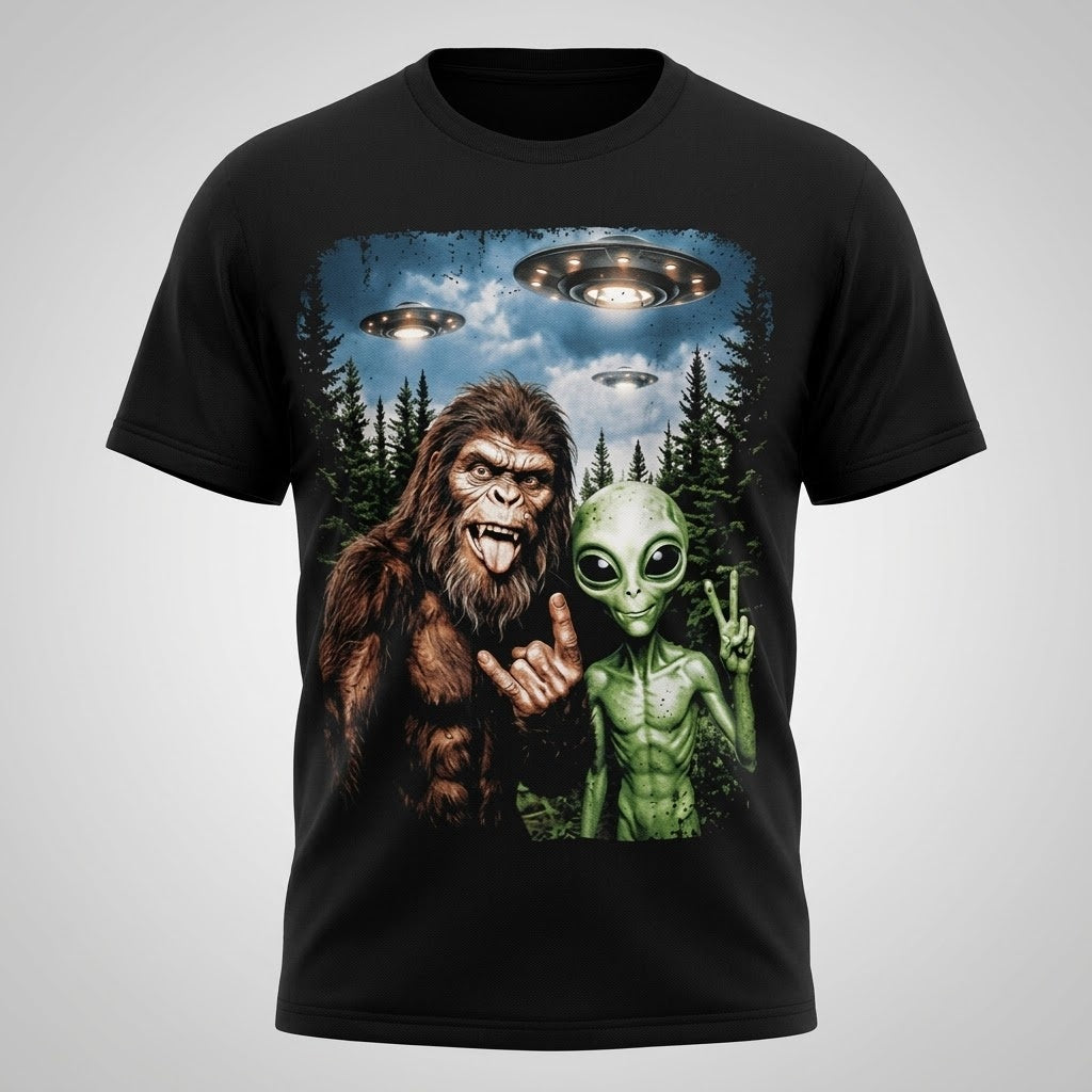Bigfoot Alien Selfie UFO T-Shirt Men Funny Graphic Tee Cotton Size S-5XL