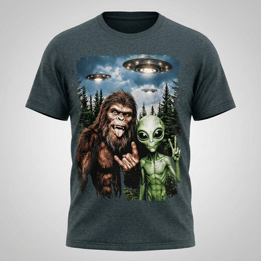 Bigfoot Alien Selfie UFO T-Shirt Men Funny Graphic Tee Cotton Size S-5XL