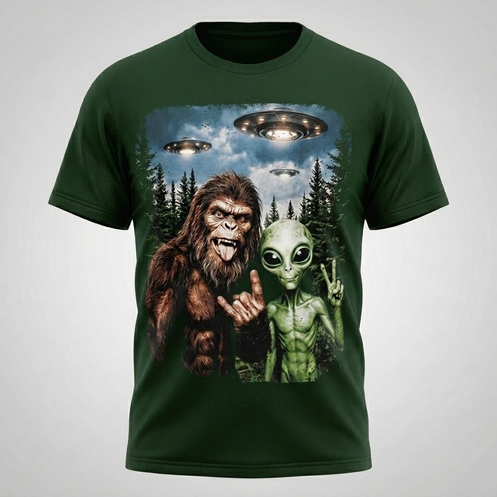 Bigfoot Alien Selfie UFO T-Shirt Men Funny Graphic Tee Cotton Size S-5XL