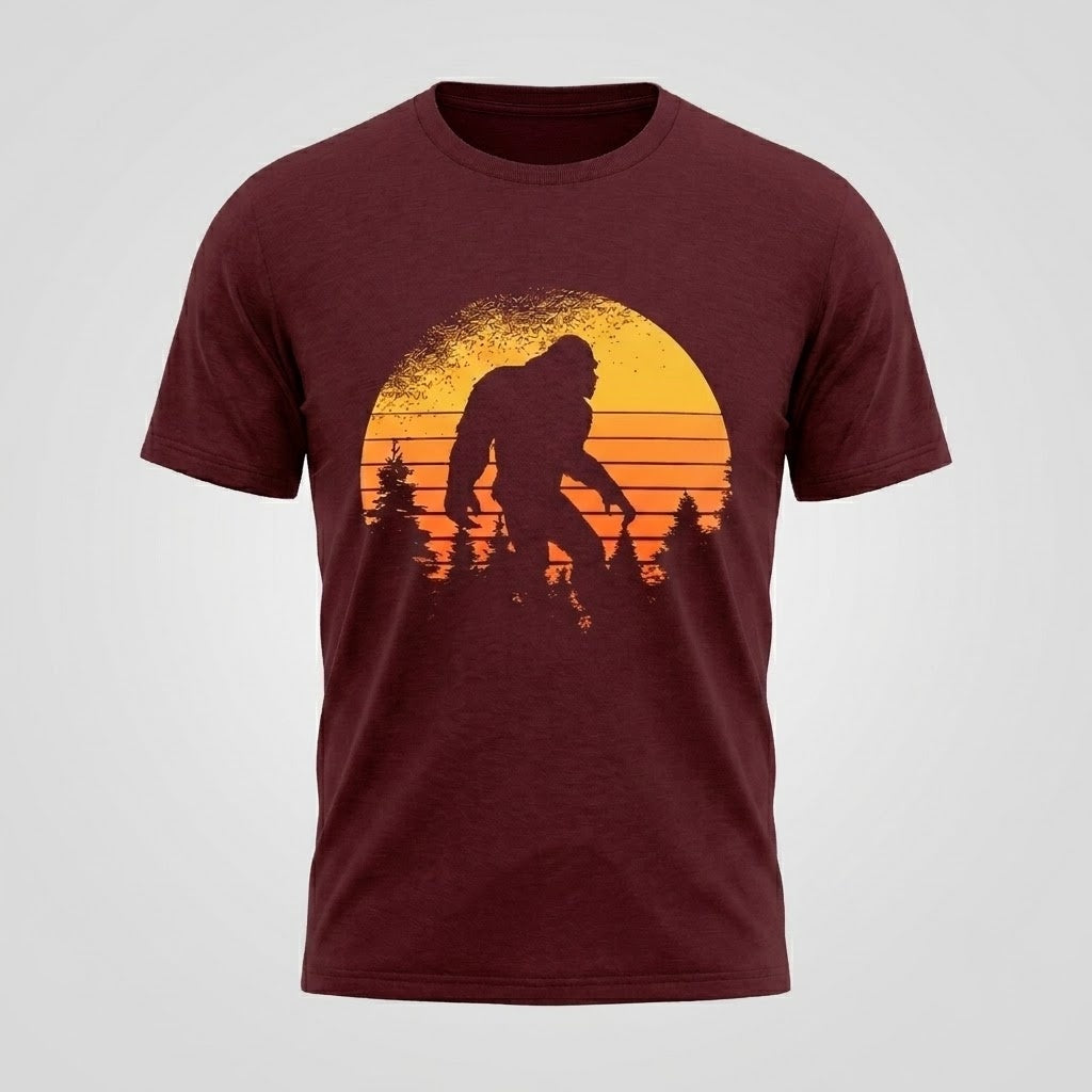Bigfoot Sasquatch Men Retro Sunset Graphic T-Shirt Vintage Cotton Tee S-5XL