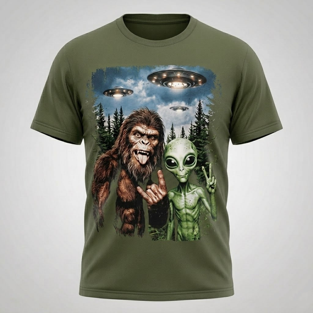 Bigfoot Alien Selfie UFO T-Shirt Men Funny Graphic Tee Cotton Size S-5XL