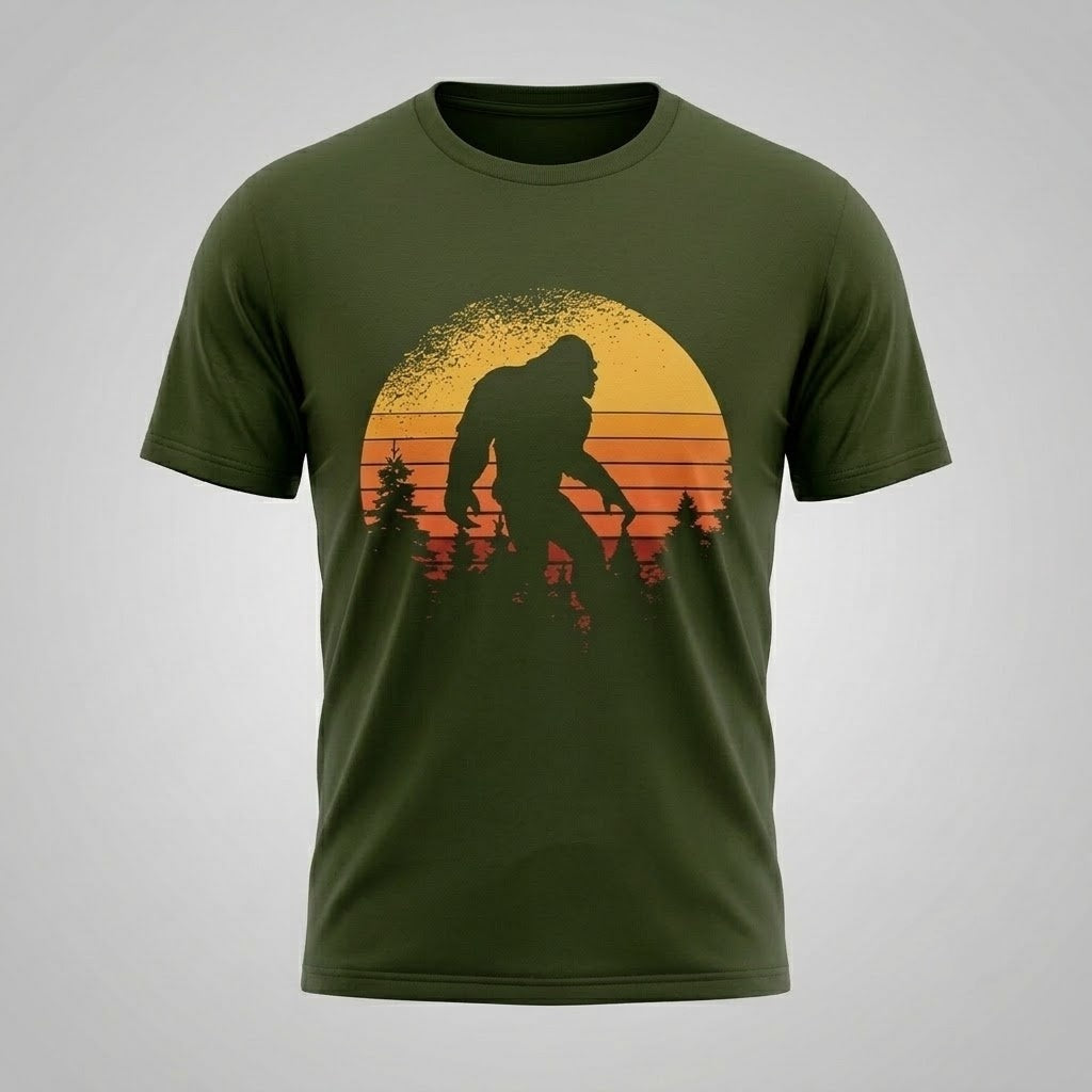 Bigfoot Sasquatch Men Retro Sunset Graphic T-Shirt Vintage Cotton Tee S-5XL