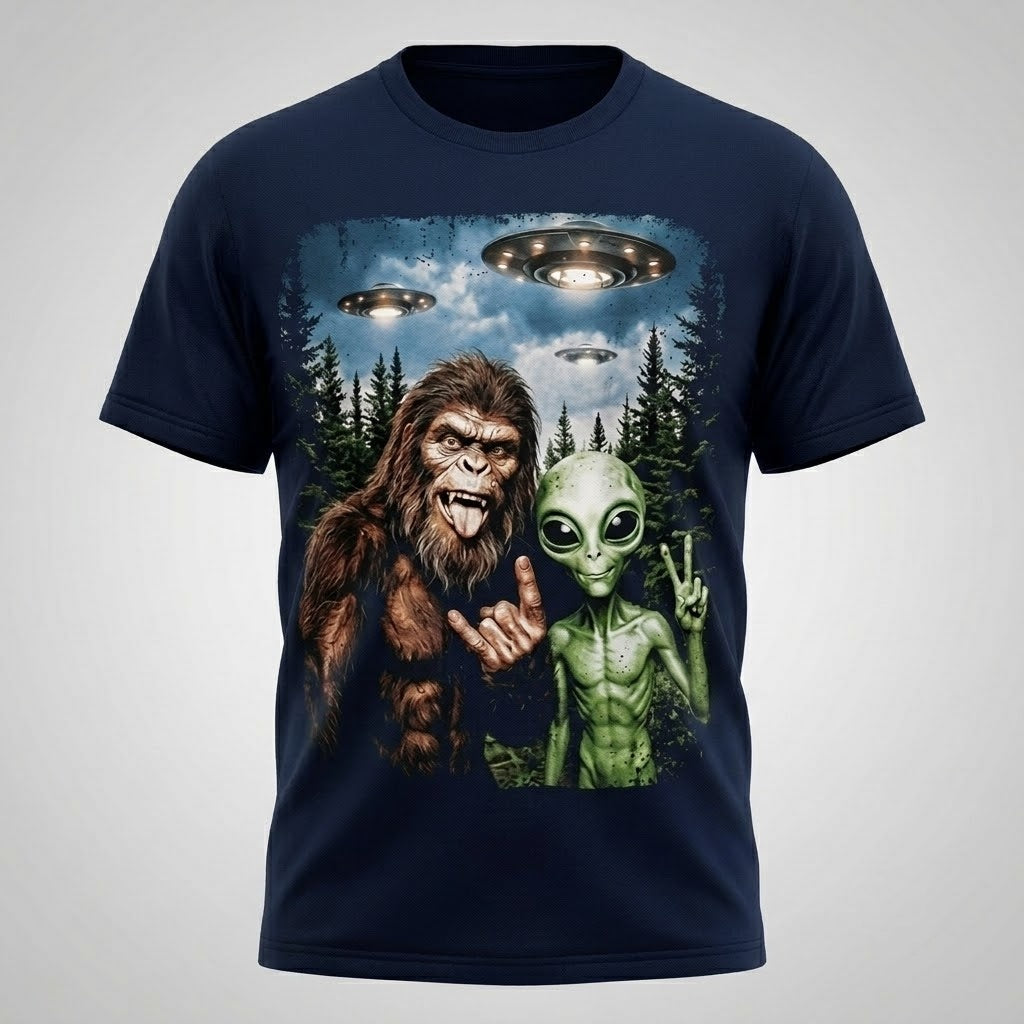 Bigfoot Alien Selfie UFO T-Shirt Men Funny Graphic Tee Cotton Size S-5XL