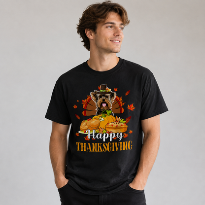 Yorkie Thanksgiving Dog Lovers Festive Graphic Tee 100% Cotton Size S-5XL