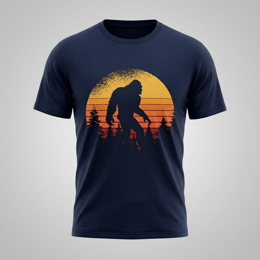 Bigfoot Sasquatch Men Retro Sunset Graphic T-Shirt Vintage Cotton Tee S-5XL