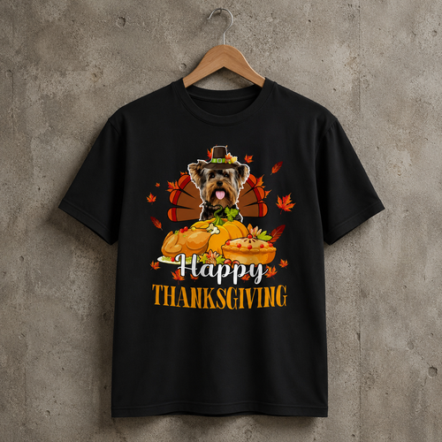 Yorkie Thanksgiving Dog Lovers Festive Graphic Tee 100% Cotton Size S-5XL