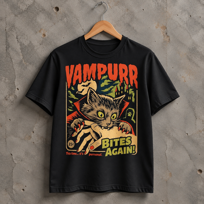 Vampire Cat Halloween Graphic T-Shirt, Retro Horror Pet Lover Tee