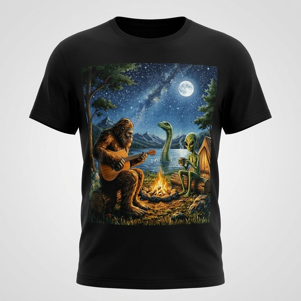 Bigfoot Alien Campfire Unisex Graphic Tee Soft Cotton Camp T-Shirt Size S-5XL