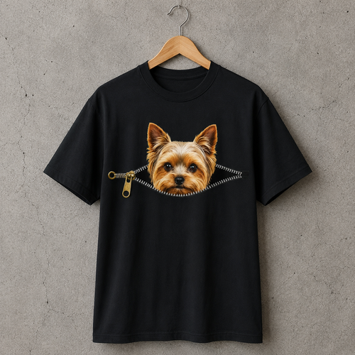 Yorkie Dog Lover T-Shirt Peekaboo Zipper Graphic Tee 100% Cotton Unisex Size S-5XL