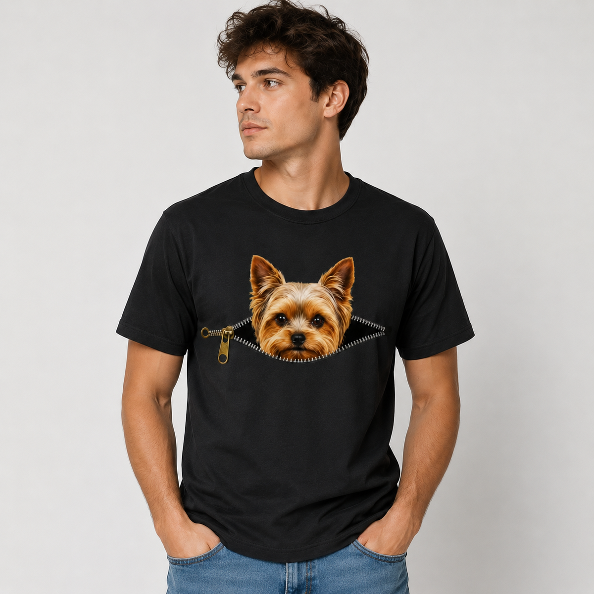 Yorkie Dog Lover T-Shirt Peekaboo Zipper Graphic Tee 100% Cotton Unisex Size S-5XL