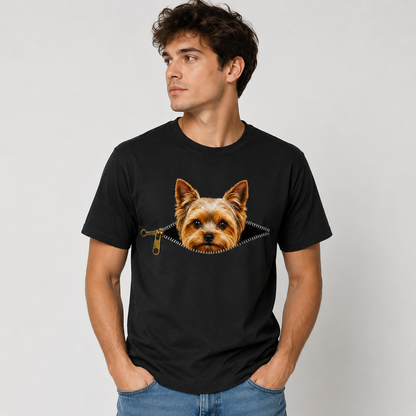 Yorkie Dog Lover T-Shirt Peekaboo Zipper Graphic Tee 100% Cotton Unisex Size S-5XL