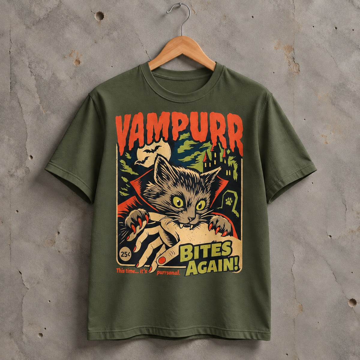 Vampire Cat Halloween Graphic T-Shirt, Retro Horror Pet Lover Tee