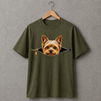 Yorkie Dog Lover T-Shirt Peekaboo Zipper Graphic Tee 100% Cotton Unisex Size S-5XL