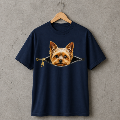 Yorkie Dog Lover T-Shirt Peekaboo Zipper Graphic Tee 100% Cotton Unisex Size S-5XL