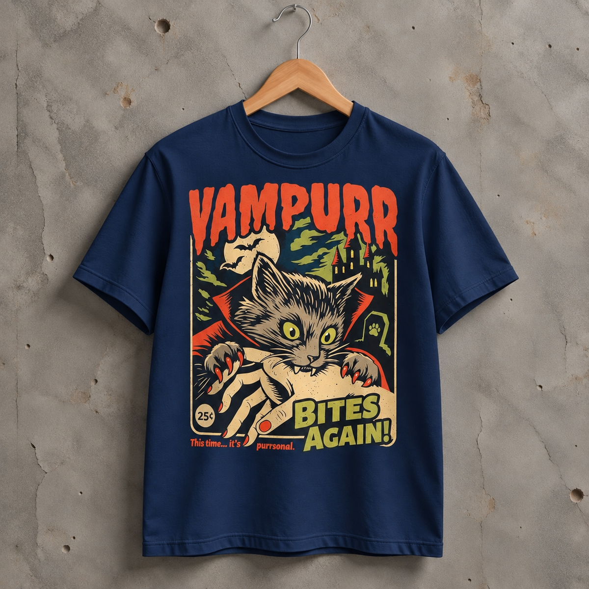 Vampire Cat Halloween Graphic T-Shirt, Retro Horror Pet Lover Tee