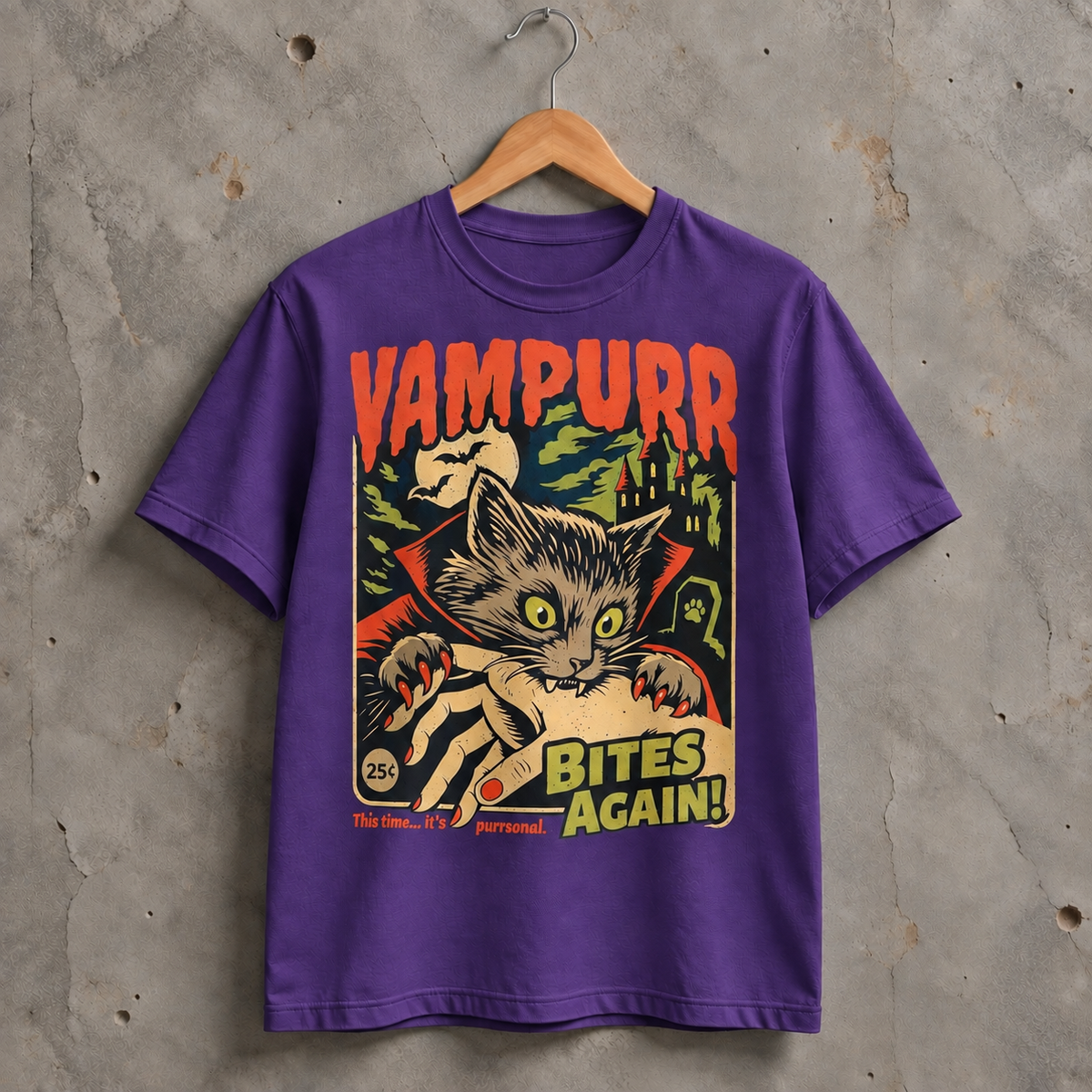 Vampire Cat Halloween Graphic T-Shirt, Retro Horror Pet Lover Tee